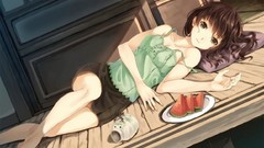 Wood watermelons blouse skirts brown eyes brunettes lying down 