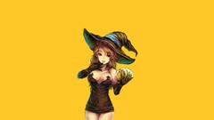 Yellow background anime girls witches cleavage witch hat