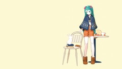 Yellow background blue hair long hair anime girls Bunnies blue 