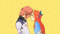 Yellow background blush long hair anime girls blue eyes short 