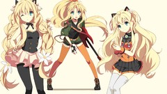 Yellow background guitars blondes guitarists skirts long hair 