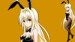 Yellow background red eyes blondes long hair anime girls bare 