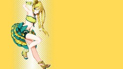 Yellow background Ribbons blondes long hair anime girls green 