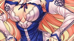 Yellow background stockings blondes blush long hair anime girls 