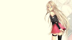 Yellow background white hair stockings skirts long hair anime 