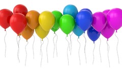 Yellow blue red pink Green string white background Balloons 