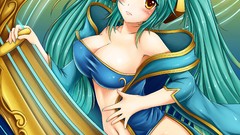 Yellow eyes League of Legends twintails aqua hair Sona Buvelle
