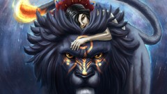 Yellow fire blue red eyes master Beast fantasy art