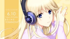 Yellow headphones yellow background faces blondes long hair 