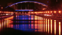 Yellow night water blue red lights Bridges romania rivers