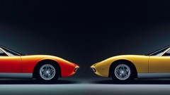 Yellow orange cars Lamborghini blue background side view 