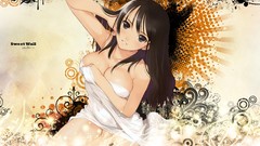 Yellow patterns abstract circles sitting dots smiling long hair 