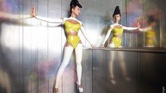 Yellow white woman latex suspended legs high heels photoshop 