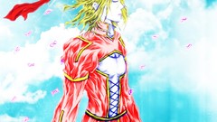 Yellow wind red dress saber artwork skyscapes