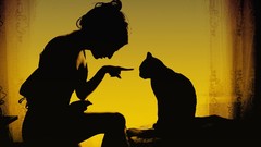 Yellow woman cats silhouettes curtains