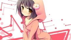 Young sitting blush smiling anime girls hooded