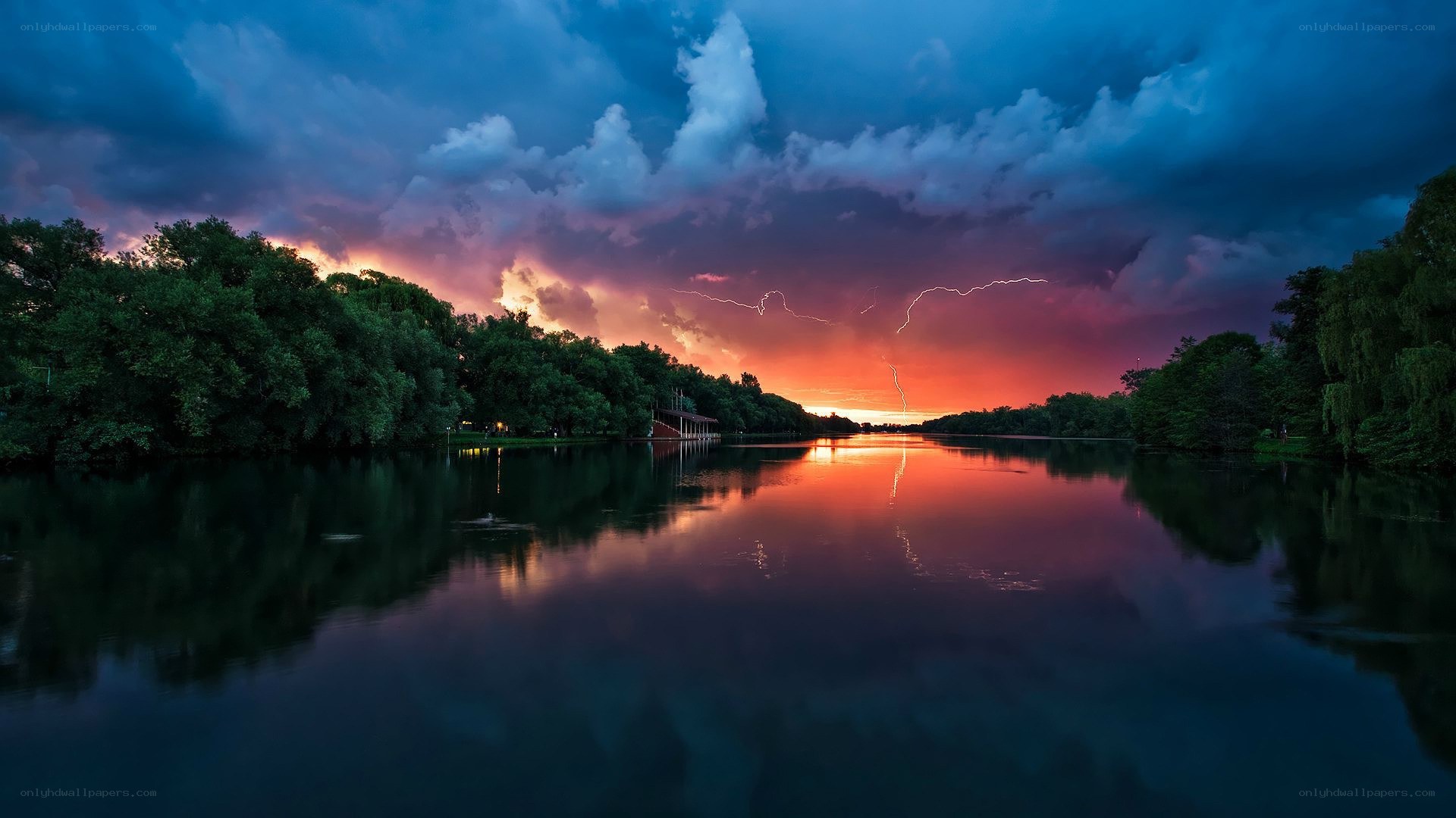 Thunderstorm over a calm lake