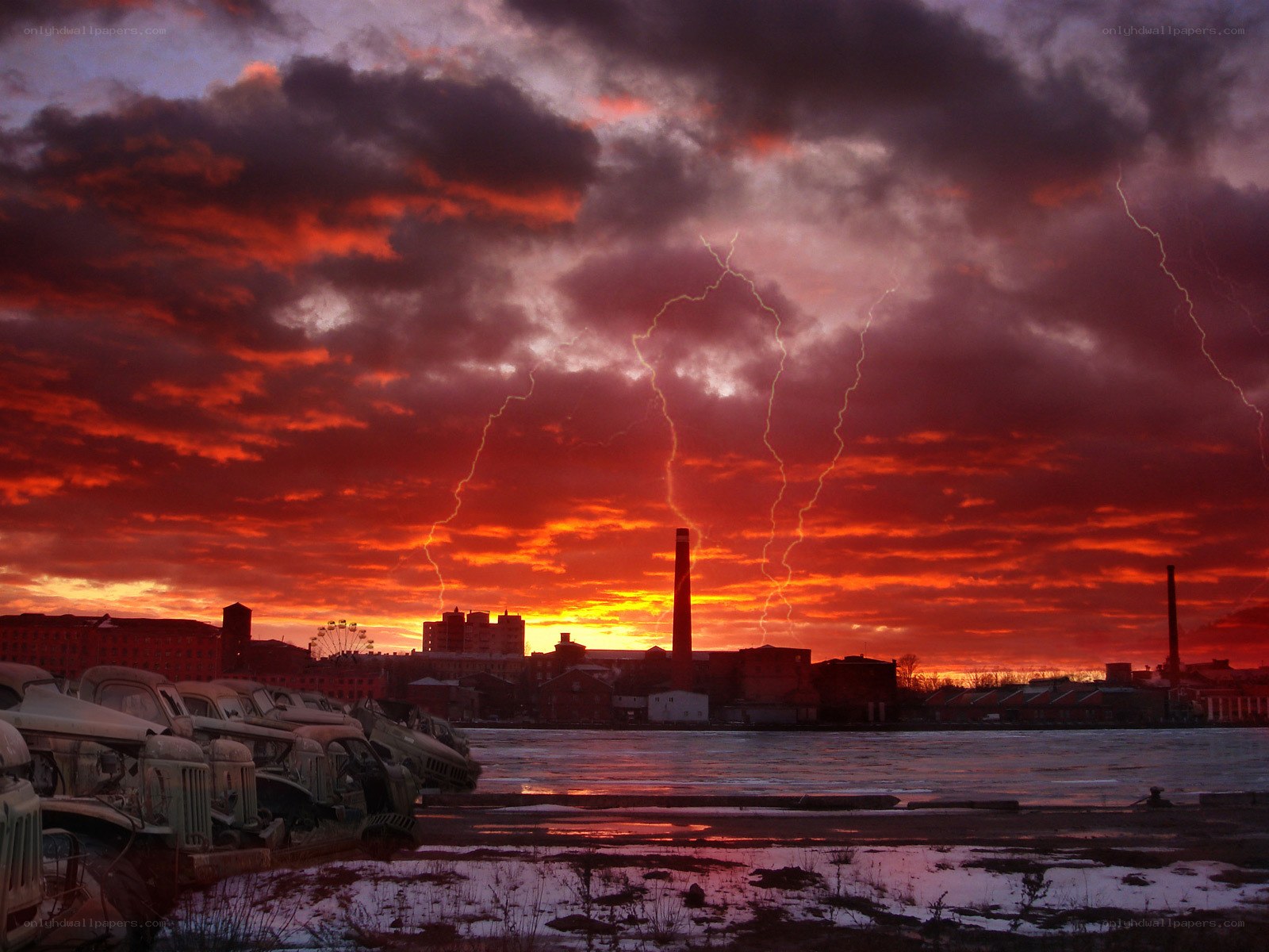 Thunderstorm over industrial waterfront