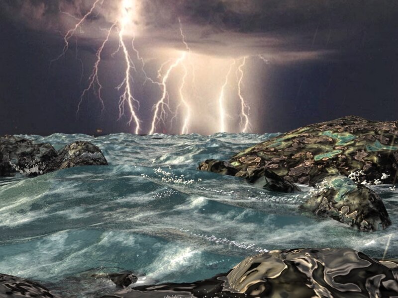 Thunderstorm over rocky coastline