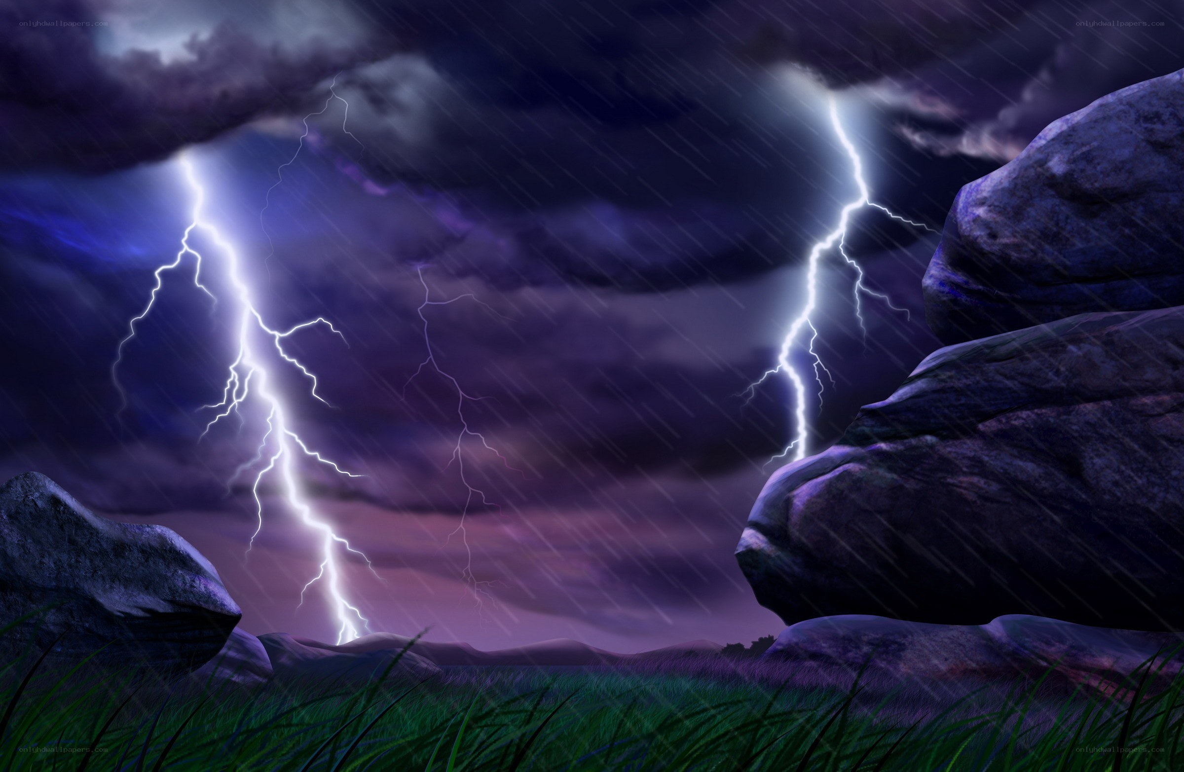 Thunderstorm over rocky landscape