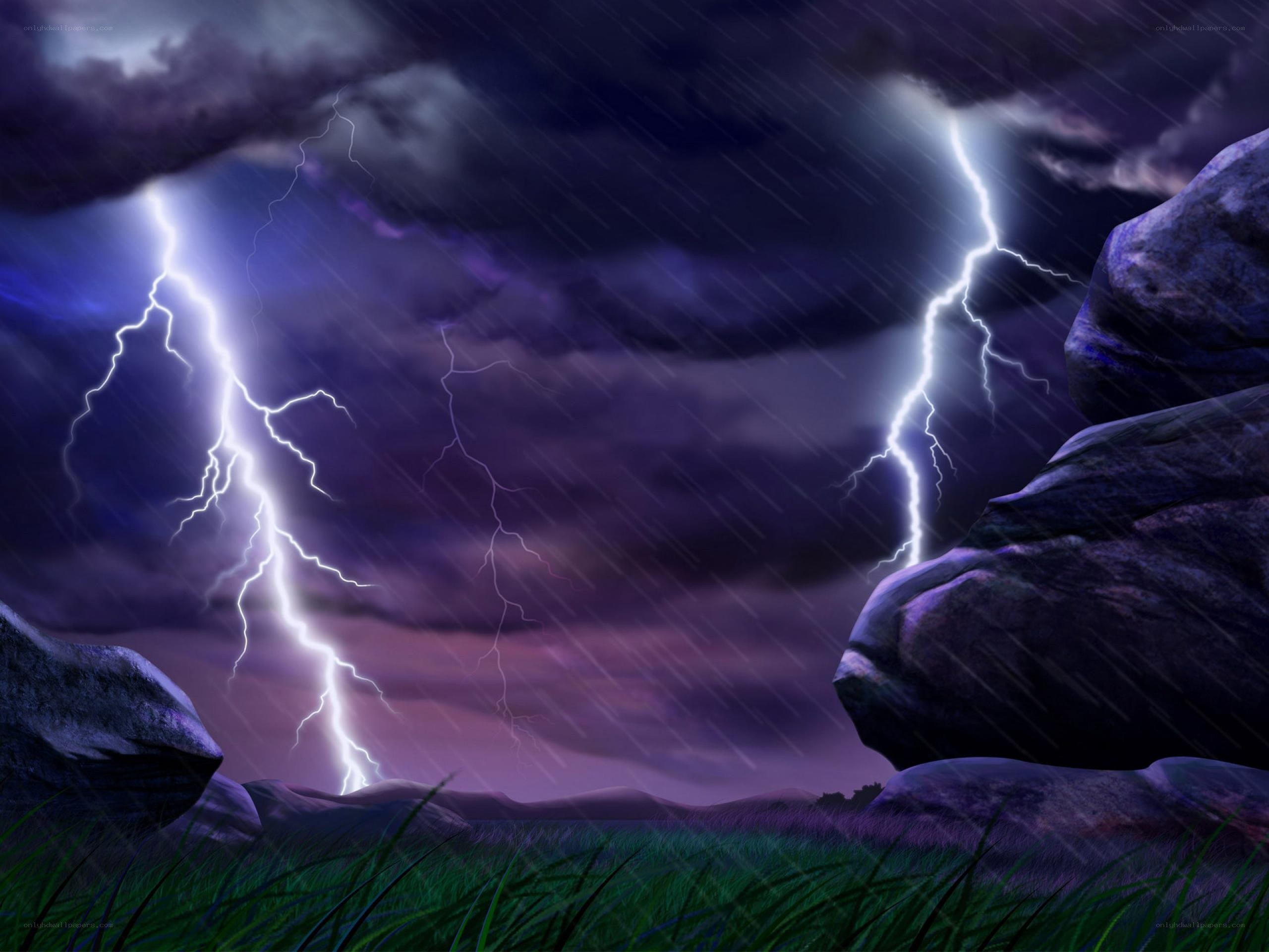 Thunderstorm over rocky landscape