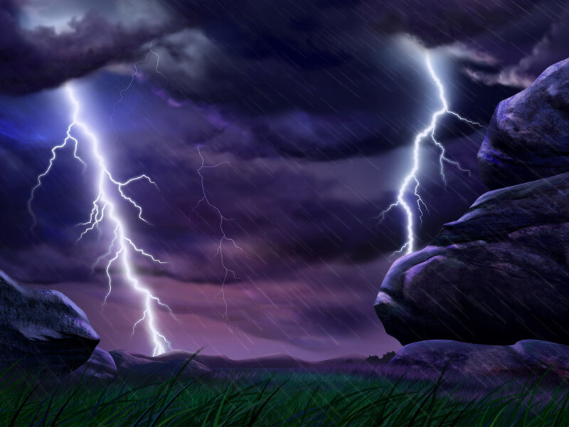 Thunderstorm over rocky landscape