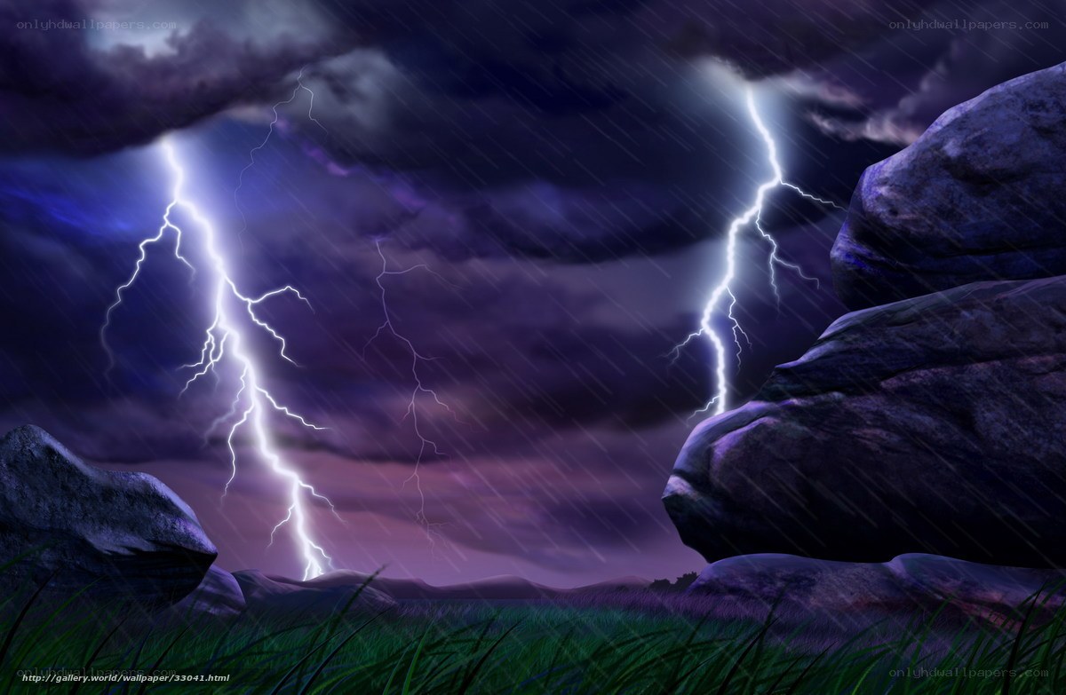 Thunderstorm over rocky landscape