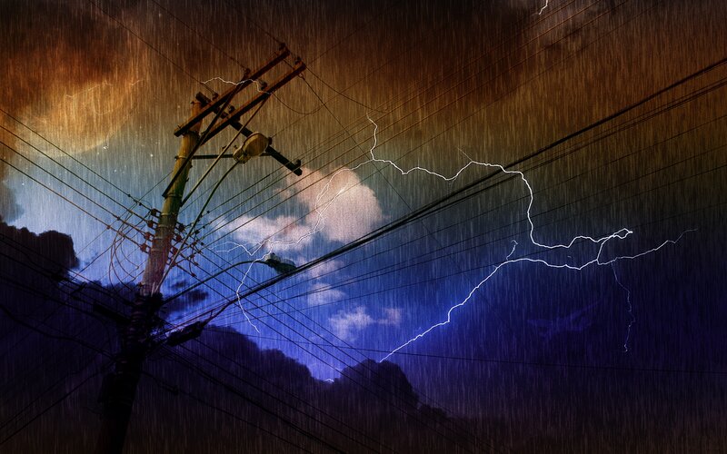 Thunderstorm with lightning and power lines