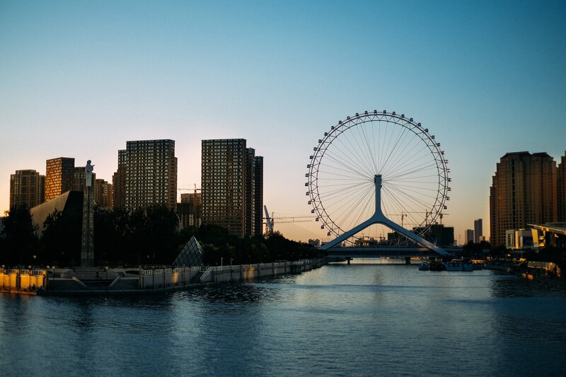 Tianjin Eye Ferris Wheel — Blue, Serene, Sunset