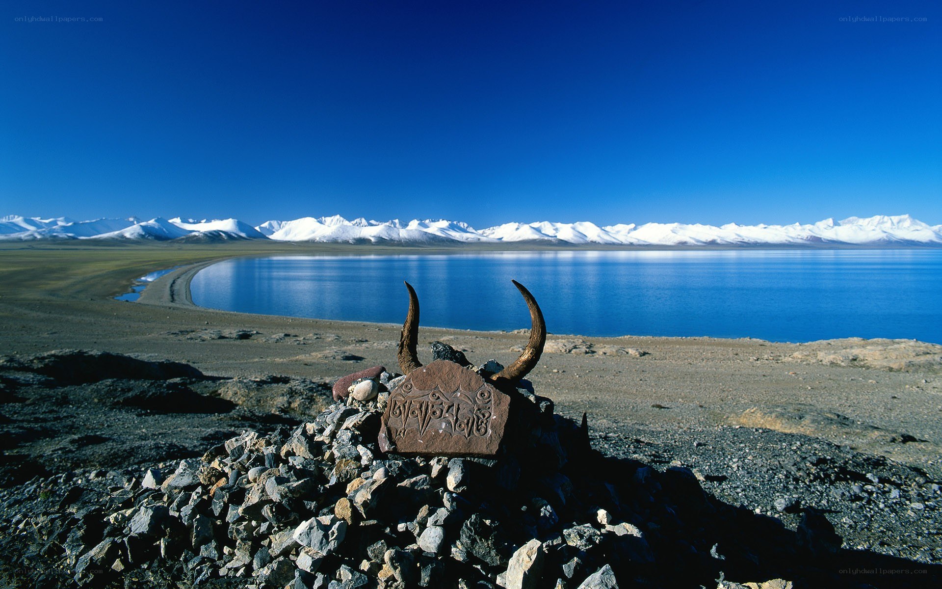 Tibetan lake with snow-capped mountains