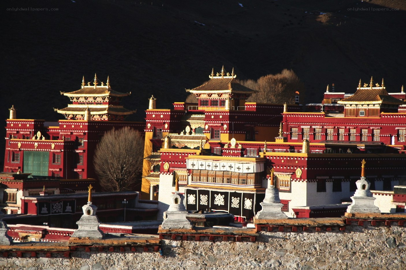 Tibetan monastery at sunset