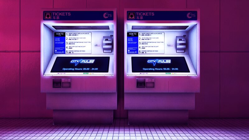 ticket machines in purple light