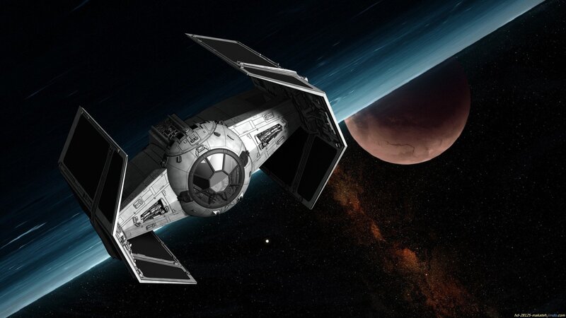 TIE Fighter Spacecraft — Black, Dramatic, Digital Art, Planet