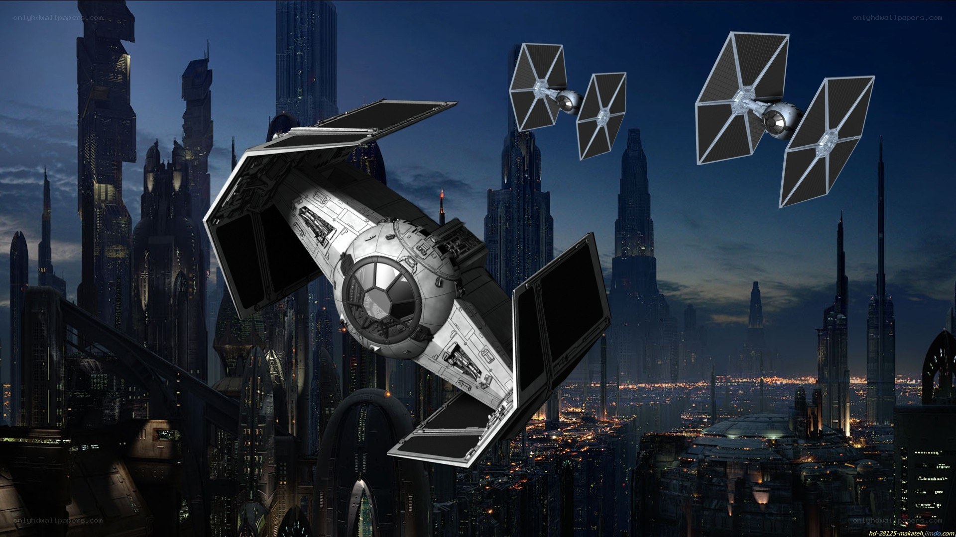 TIE fighters over a city
