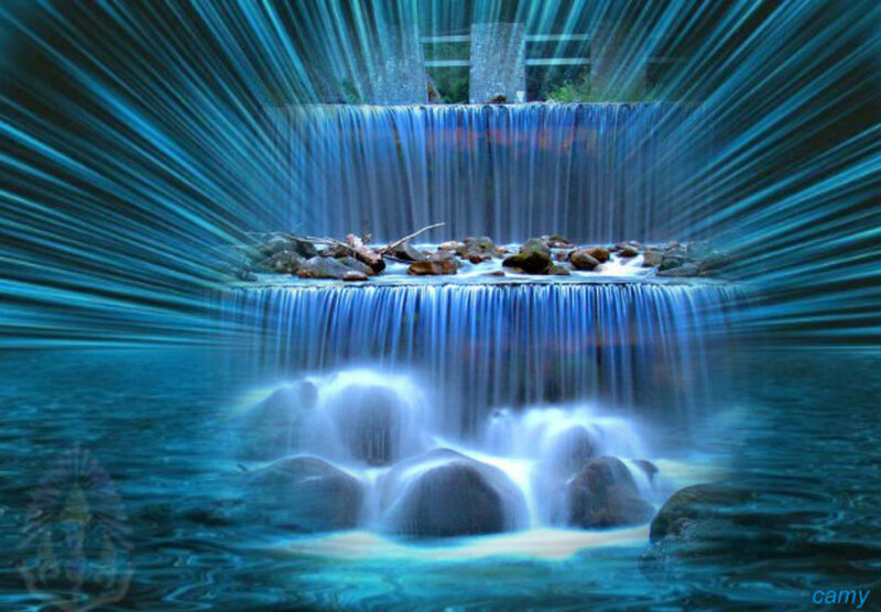 Tiered Waterfall — Blue, Serene, Digital Art