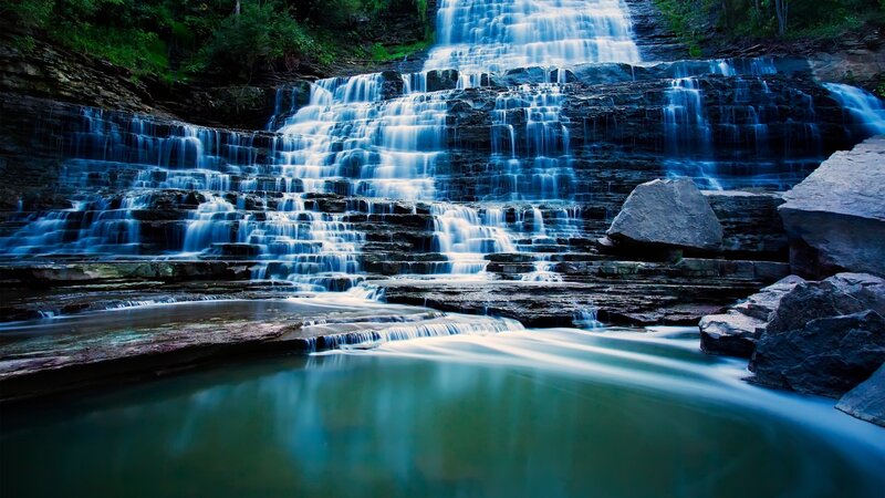 Tiered Waterfall — Blue, Serene, Photograph, Rocks, Pool