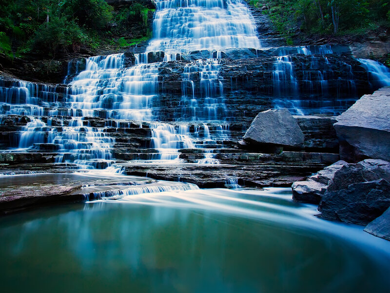 Tiered Waterfall — Blue, Serene, Photograph, Rocks