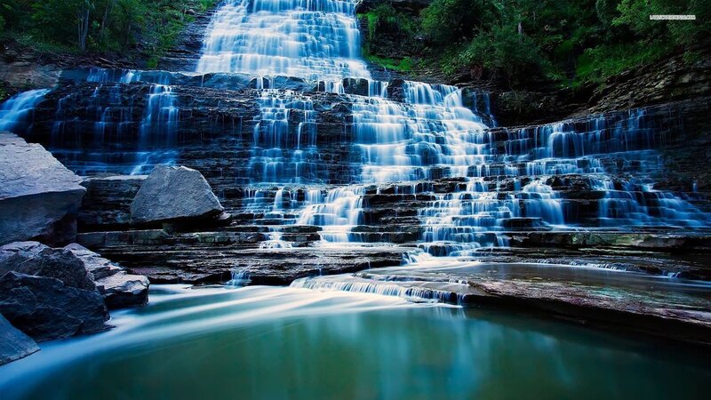Tiered Waterfall — Blue, Serene, Photograph, Rocks, Trees, Pool