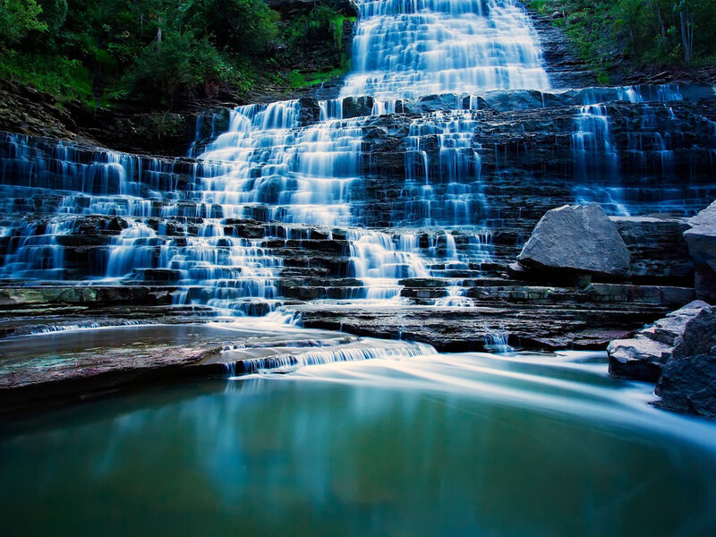 Tiered Waterfall — Blue, Serene, Photograph