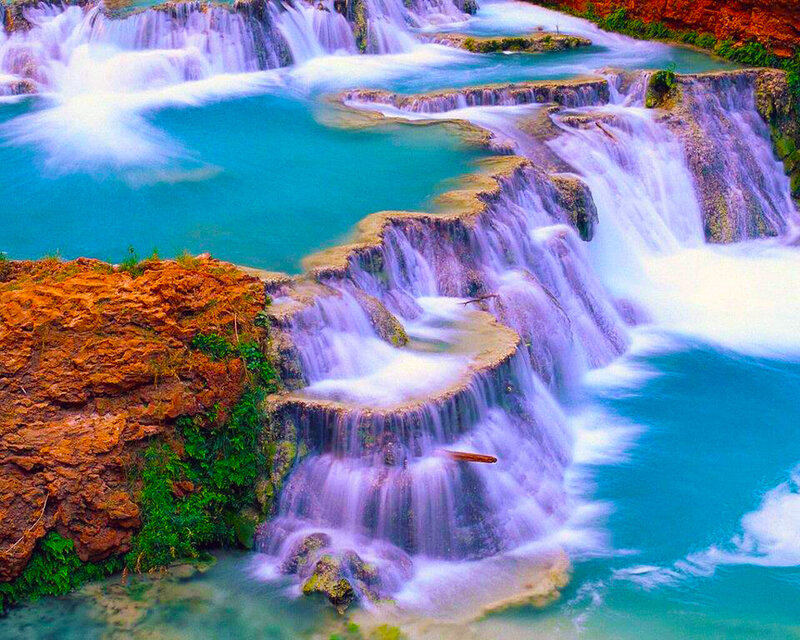 Tiered Waterfall Cascade — Blue, Serene, Afternoon, Photograph