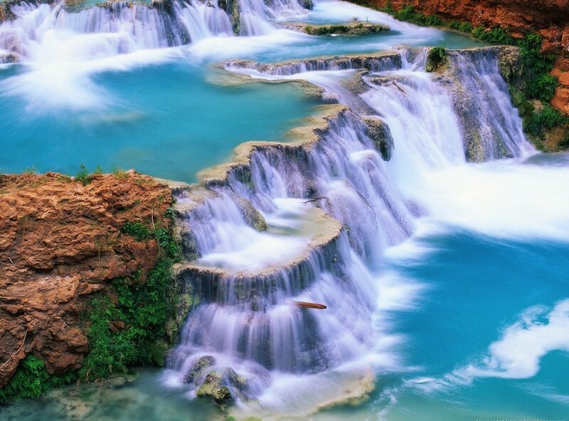 Tiered Waterfall Cascade — Blue, Serene, Photograph, Rock, Pool