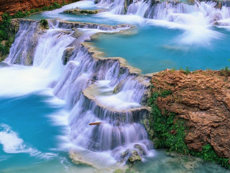 Tiered Waterfall Cascade — Blue, Serene, Photograph, Rock, Pool, Vegetation