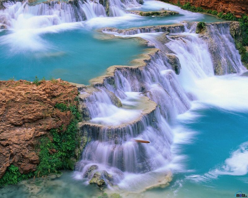 Tiered Waterfall Cascade — Blue, Serene, Photograph, Rock