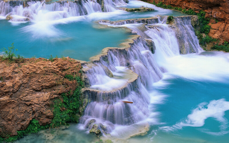 Tiered Waterfall Cascade — Blue, Serene, Photograph