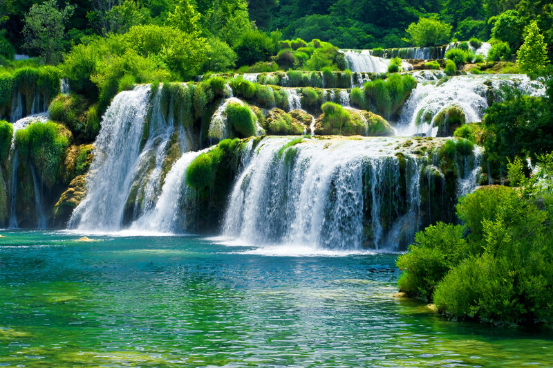 Tiered Waterfall Cascade — Green, Serene, Afternoon, Photograph