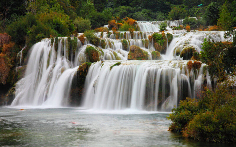 Tiered Waterfall Cascade — Green, Serene, Autumn