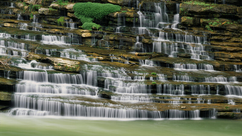 Tiered Waterfall Cascade — Green, Serene, Photograph, Rock