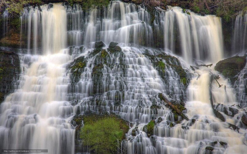 Tiered Waterfall Cascade — Green, Serene, Photograph, Rocks