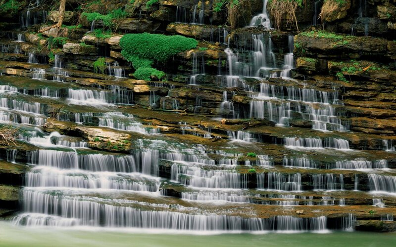 Tiered Waterfall Cascade — Green, Serene, Photograph