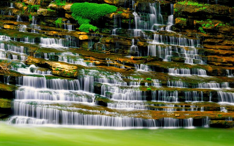 Tiered Waterfall Cascade — Green, Serene